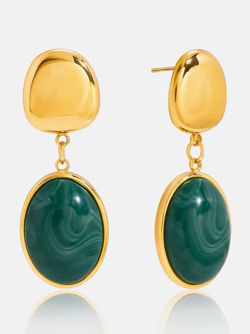 18K Gold Plated Vintage Inspired Green Oval Resin Drop Earrings
